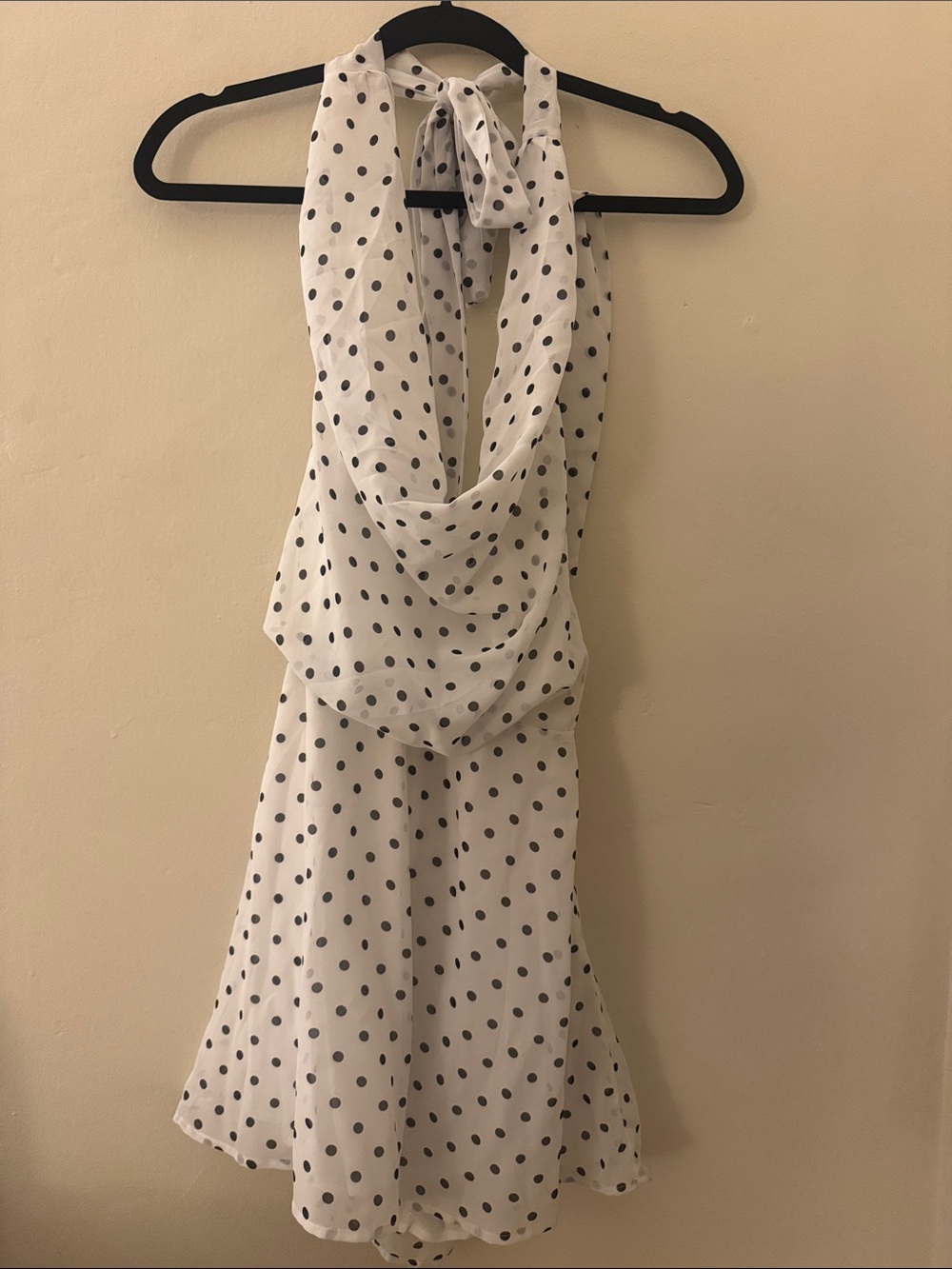 Polka Dot White Backless Halter Dress with Tie Neck